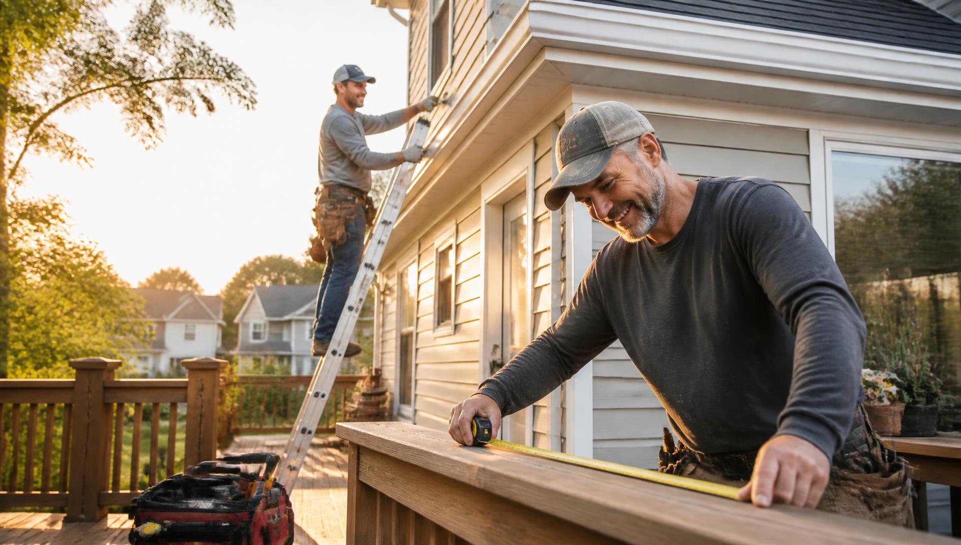 Mighty Handy Bros handymen repairing deck railing and siding on an Oklahoma City metro home